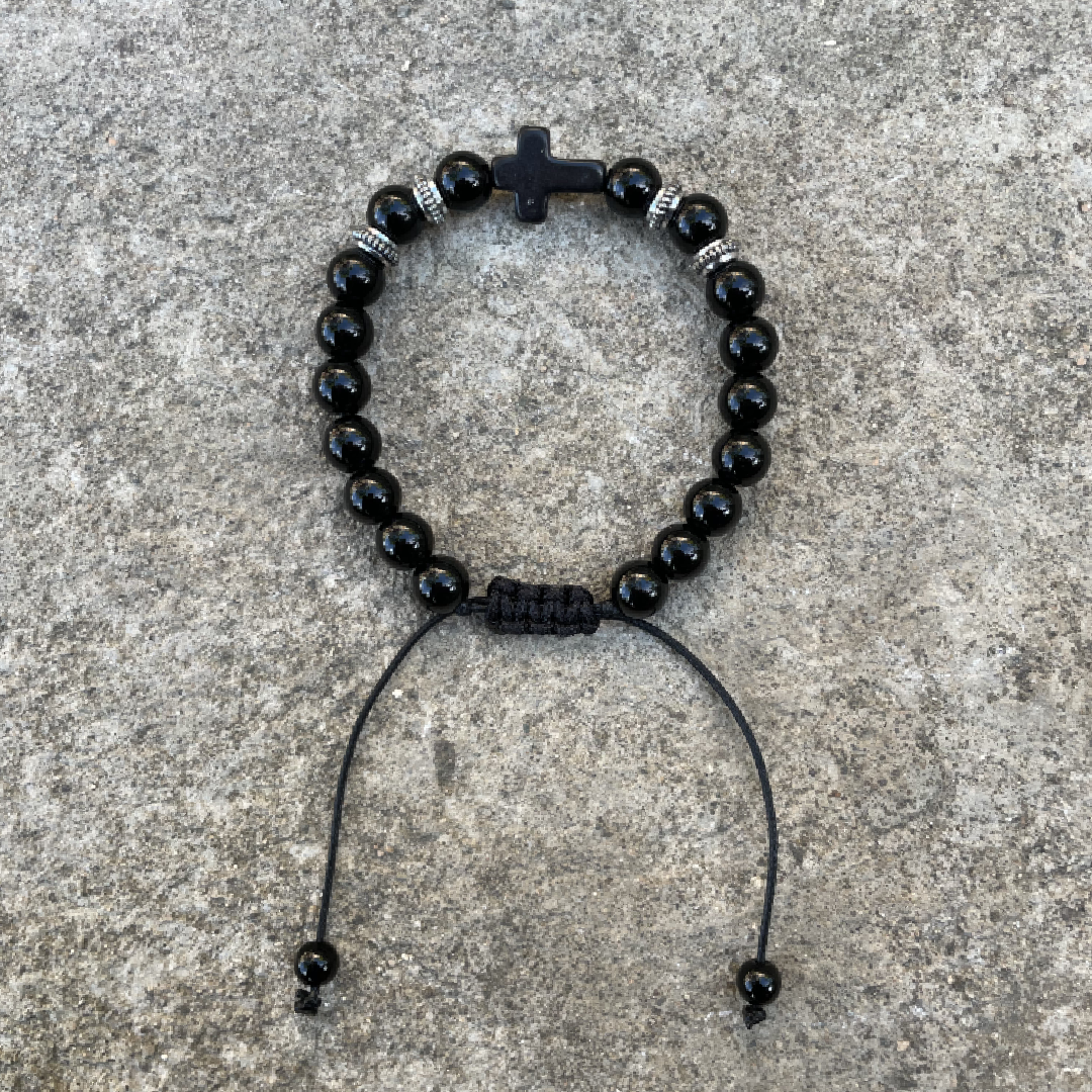 Black Onyx w. Cross Adjustable Stone Bracelet